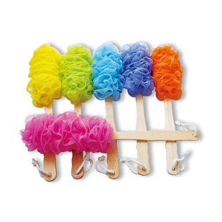 Wood Handle Mesh Pouf Soft Scrubber Exfoliating Brush Cute Bath Sponge Body Shower Brush TJ037